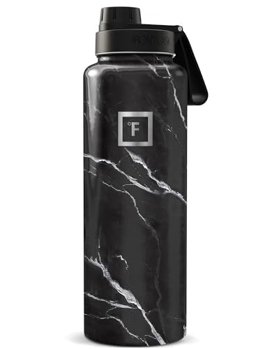 IRON °FLASK 40 oz Wide Mouth Water Bottle with Spout | Insulated Stainless Steel Sports Water Bottle with Leakproof Spout Lid - BPA Free, Cold 24 Hrs, Sweat Free (Black Marquina) - color: Black Marquina, style: Spout - 40 Oz (1 Lid)
