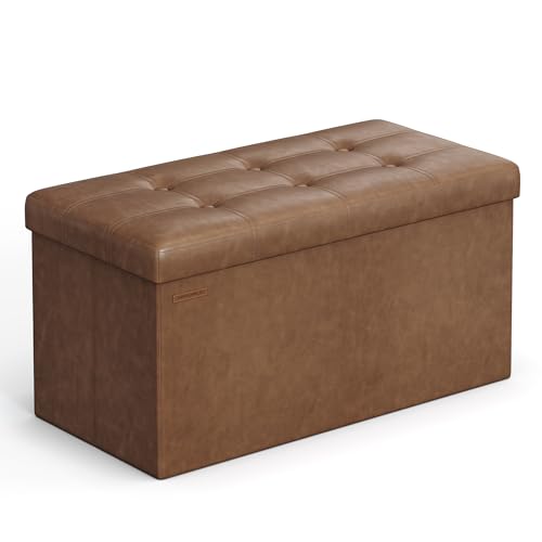 SONGMICS Mazie Collection - 30 Inches Folding Storage Ottoman Bench, Ottoman with Storage, Foot Rest Stool, Load 660 lb, for Living Room, Synthetic Leather, Coffee Brown ULSF040K11 - color: Coffee Brown, size: 15"D x 30"W x 15"H