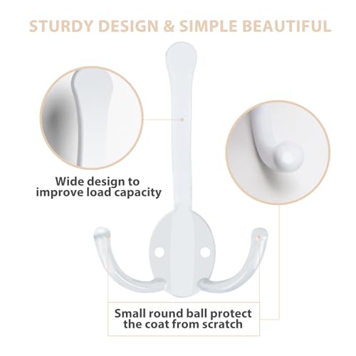 Homanu 14 Pack Coat Hooks Heavy Duty, Metal Three Prongs Large Coat Hooks Wall Mounted with 28 Screws, No Rust White Rustic Wall Hooks for Hanging Towel, Coat, Scarf, Bag, Hat, Cup, Key - color: 14 Pcs White