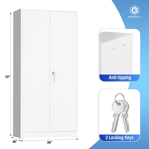 Greenvelly Metal Storage Cabinet - 72" Steel White Cabinet with 2 Doors and 4 Adjustable Shelves, Lockable - Perfect for Garage, Home Office, Pantry - color: White, size: 72 Inch