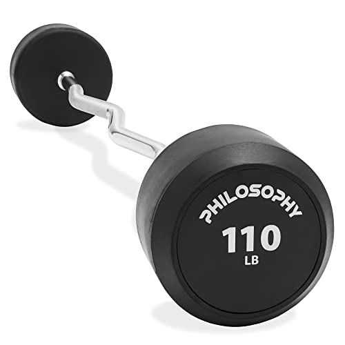Philosophy Gym Rubber Fixed Barbell, Pre-Loaded Weight EZ Curl Bar for Strength Training & Weightlifting - style: 110 LB