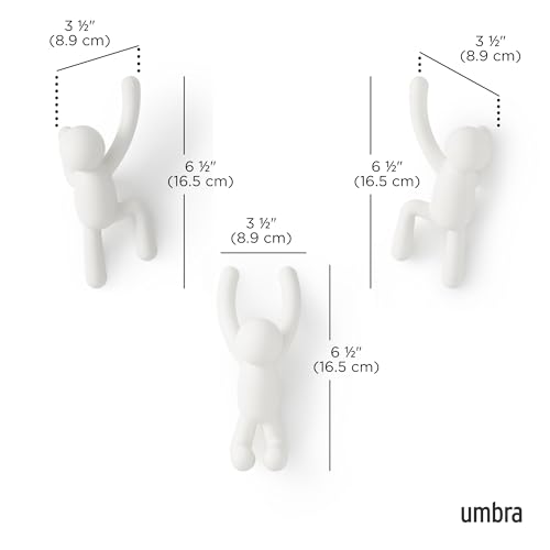 Umbra Buddy Wall Hooks, Decorative Wall Mount Coat Hooks, Set of 3, White | Easy install with hardware, holds 5lbs per hook, entryway bedroom bathroom dorm, playful hanging storage, recycled plastic - color: White