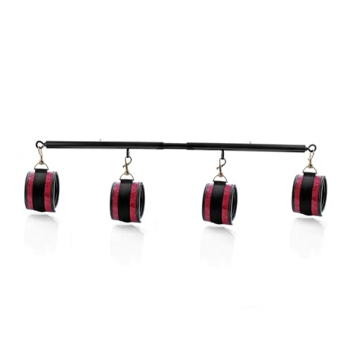 Spreader Bar Heavy Duty Stainless Steel Expandable Bar Home Gym with 4pcs Furry Crocodile Adjustable Strap,Sports Aid Training Pilates Aid Kit,Indoor Yoga Set - style: Black+Embossed Red Kit