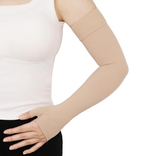 Lymphedema Compression Arm Sleeves for Women Men with Gauntlet, 20-30 mmHg Graduated Compression Full Arm Support for Arthritis, Bursitis, Edema (Single) - color: Beige(Single), size: Large