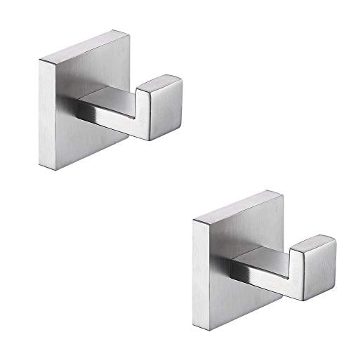 TASTOS Bath Towel Hooks Brushed Nickel, 2 Pack Stainless Steel Robe Coat and Clothes Hook, Heavy Duty Wall Hook for Bathroom & Kitchen, Modern Square Style Wall Mounted (Silver) - color: Brushed Nickel, size: Square (2 Pack)