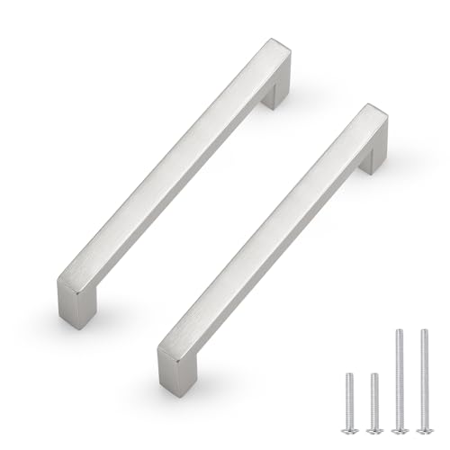 Probrico 5 Pack Hole Centers 5 inch Brushed Satin Nickel Kitchen Cabinet Pulls,Square Corner Bar Drawer Handles,Stainless Steel Dresser Pull Handle 5.5inch Length - color: Brushed Nickel, size: Hole Center: 128mm(5inch)