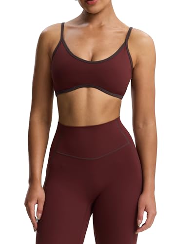 Aoxjox Lexi Lined Strappy Sports Bra | women's color block workout top,adjustable straps, removable pads, fitness athletic yoga crop tank, moisture-wicking - color: Rum Raisin/Mulch, size: Medium
