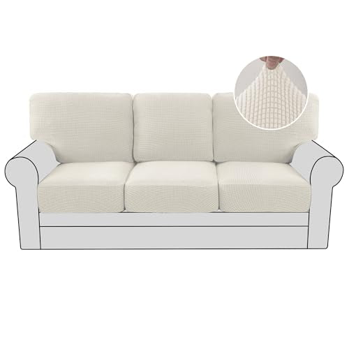 H.VERSAILTEX Multi-Pieces Sofa Covers for Three Cushion Couch Sofa High Stretch Seat Cover Jacquard Textured Twill Fabric(3 Seat Cover Plus 3 Back Cushion Covers, Ivory) - color: Ivory, size: 3 SEAT COVERS + 3 BACK COVERS