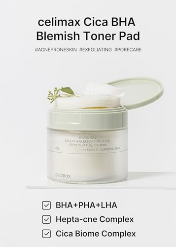 celimax Ji.Woo.Gae CICA BHA Blemish Toner Pad | BHA PHA LHA Complex, Centella Asiatica Extract, Hydrating, Moisturizing, Soothing, Reparing, (60 Pads) - color: Cica Toner Pad