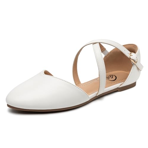 Trary Women's Flats, Black Flats for Women, Wide Width Dress Shoes for Women, Womens Flats, Pointed Toe Flats Ballet Flats for Women, Flats Shoes Women Dressy, Ankle Strap Flats,Closed Toe Flats,Flats - color: White, size: 5