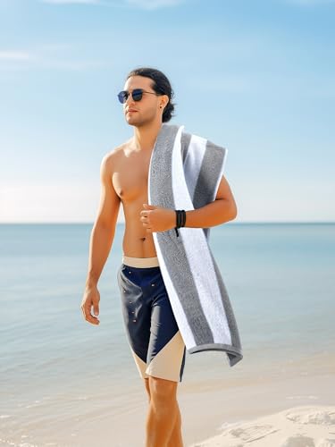 Utopia Towels Pack of 4 Cabana Beach Towels, Oversized 30 x 60 Inches Cotton Beach Towel Set, Smooth Ring Spun Texture for Pool and Swim Days, Modern Striped Design Bath Towels, Grey - color: Grey, size: 30 x 60 - 4 Pack