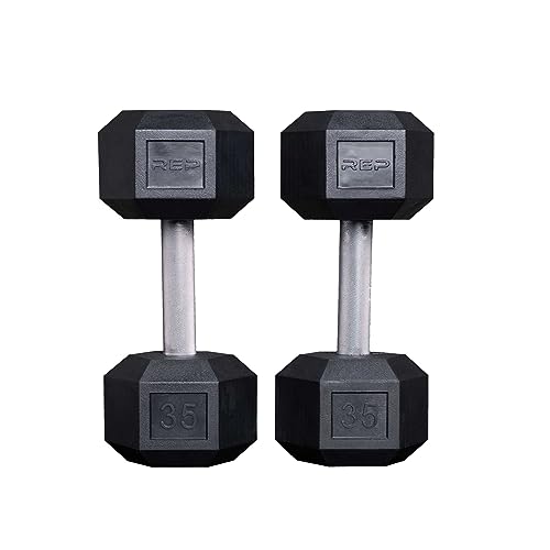 Rep Fitness Rubber Hex Dumbbell(s) - Singles (55LB +) and Pairs (5LB - 50LB) - Low Odor, Fully Knurled Handle - style: 35 LB Pair