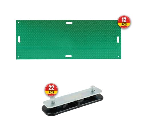 Mytee Products 12 Pack 3' x 8' Green Ground Protection Mats w/Double Sided Diamond Plated Tread Design & 22 Pcs Single Connectors - Polyethylene Mat, Easily Supports 90 Ton Loads on Lawns, Dirt - color: Green, size: 12 - Pack