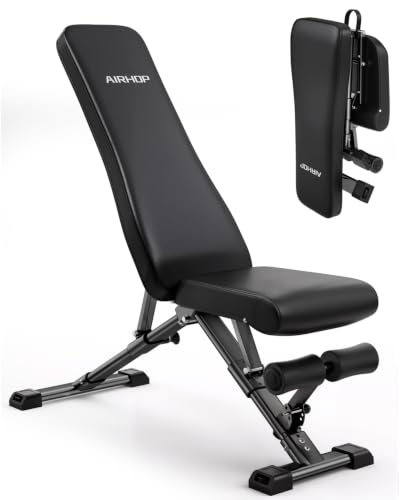 AIRHOP Foldable Workout Bench, 90° to -30° FID Weight Bench for Home Gym | Backrest, Seat, Leg Bar Adjustable, MAX 1000 LBS, 8-Pos Backrest, 3-Pos Seat, 4-Level Leg Support, 19.4" Extended Base Stable
