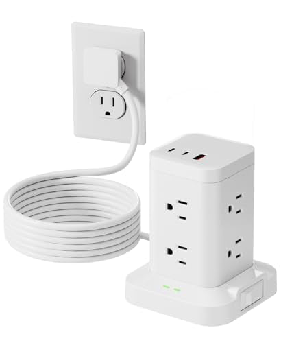 Power Strip Tower with Surge Protector 1800J, Fast Charging Tower PD20W USB-C Ports with 8 AC Outlets, Extension Cord for Home Office Dorm Room, White, 5FT - color: White, size: 5FT