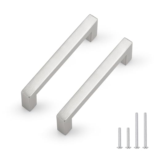 Probrico 5 Pack Hole Centers 4inch Brushed Satin Nickel Cabinet Handles,Stainless Steel Kitchen Drawer Pulls,Square Corner Bar Dresser Pull Handle 4.5inch Length - color: Brushed Nickel, size: Hole Center: 102mm(4inch)