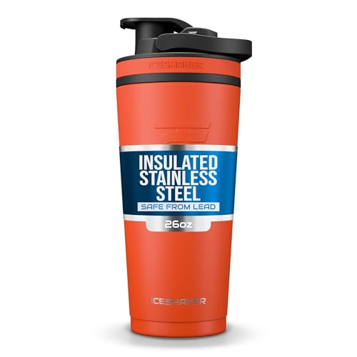 Ice Shaker Insulated Stainless Steel Shaker Bottle | 26oz, Orange | Cold for 30+ Hours | Insulated Cup with Twist-on Agitator | Odor-Free Bottle for Protein Shakes, Water, Smoothies, Cocktails - color: Orange