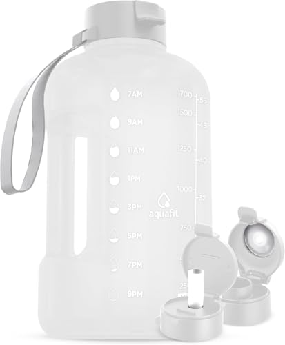 AQUAFIT Half Gallon Water Bottle with Time Marker | BPA Free Half Gallon Water Bottle with Straw and Chug Lids - Leakproof Gym Water Bottle with Carry Handle (Frosty) - color: White, size: 64 Ounces