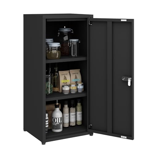 MIOCASA Metal Storage Cabinet with Lock, 3 Adjustable Shelves Single Door Steel Locker for Home, Office & Garage (Black) - color: Black