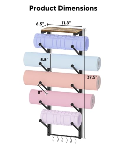 5 Tiers Yoga Mat Holder Rack Wall Mount with 6 Hooks for Hanging Accessory Yoga Strap Foam Rollers Resistance Bands, Yoga Mats Organizer with Floating Shelf for Home Gym Storage Fitness - color: Black