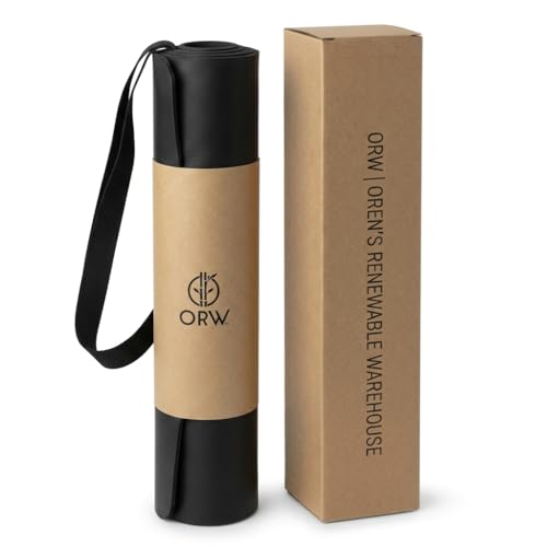 ORW Non Slip Hot Yoga Mat with Carrying Strap - Grip Surface & Natural Rubber Base, REACH Tested, Home & Studio Practice - color: Black PU Rubber Mat 72x24