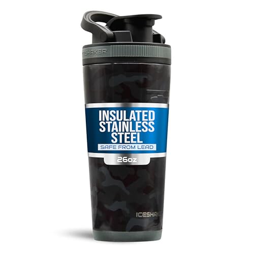Ice Shaker Insulated Stainless Steel Shaker Bottle | 26oz, Black camo | Cold for 30+ Hours | Insulated Cup with Twist-on Agitator | Odor-Free Bottle for Protein Shakes, Water, Smoothies, Cocktails - color: Black Camo