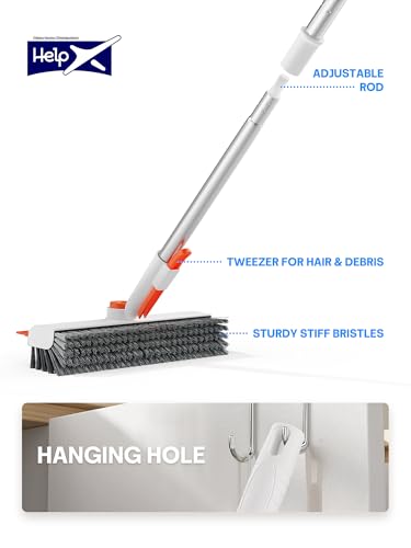 Floor Scrub Brush with Long Handle, 3 in 1 Deck Brush with Squeegee | 360° Swivel, Dual-side Bristle Floor Scrubber with Tweezer for Tile Wall Bathtub Patio Garage Pool Kitchen (Orange and White - color: Orange and White