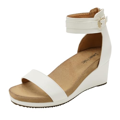 DREAM PAIRS Women's Open Toe Buckle Ankle Strap Platform Wedge Sandals Summer Shoes. - color: White/Pu, size: 6