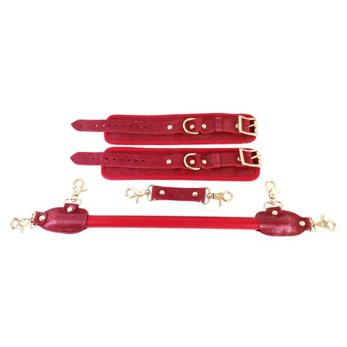 Wooden PU Spreader Bar with 4pcs PU Adjustable Straps,Workout Bar for Home Gym Training Bar,Portable Detachable Pilates Kit - style: Black+Embossed Red Kit