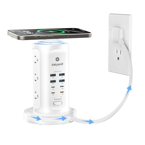 Kakyanill 115W USB Charging Station, Power Strip Tower with 9 AC 8 USB | 6Ft Flat Plug Retractable Extension Cord, for Home Office Dorm, White - color: White&Orange