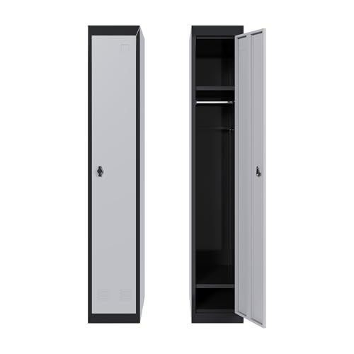 72" Tall Single-Door Metal Locker with Key, Heavy Duty Steel Storage Cabinet with Shelves, Lockable Employee Locker for School, Office, Gym, Home, Garage, Grey & Black - size: 1 Door