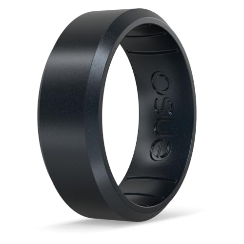 Enso Rings Bevel Classic Silicone Wedding Ring – Hypoallergenic Unisex Wedding Band – Comfortable Band for Active Lifestyle – 8mm Wide, 2.16mm Thick - color: Black Pearl-Colored, size: 7