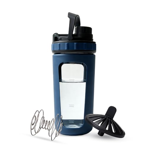 26oz Glass Protein Shaker Bottle, Stainless Steel Mixing Ball & Silicone Sleeve, Odorless, Leak-Proof, BPA-Free, Ideal for Smoothies & Workout Drinks (Steel Blue) - color: Steel Blue