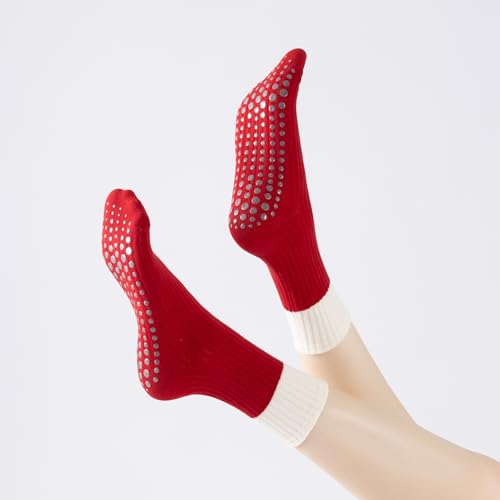 Verdancy Yoga Pilates Socks with Grips for Women Striped Cushioned Non Slip Crew Socks for Barre Ballet Dance - color: White/Red