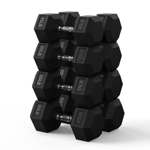 Hex Dumbbell Set 60-650lb, Weights Set Rubber Encased, Home Gym | PAPABABE Complete & Durable Cast Iron Core Odorless PVC Antiroll Hex Shape Ergonomic Chrome Handle Versatile Home Gym - size: 430 lb Set (Pair of 45, 50, 55, 65), style: Chrome Grip