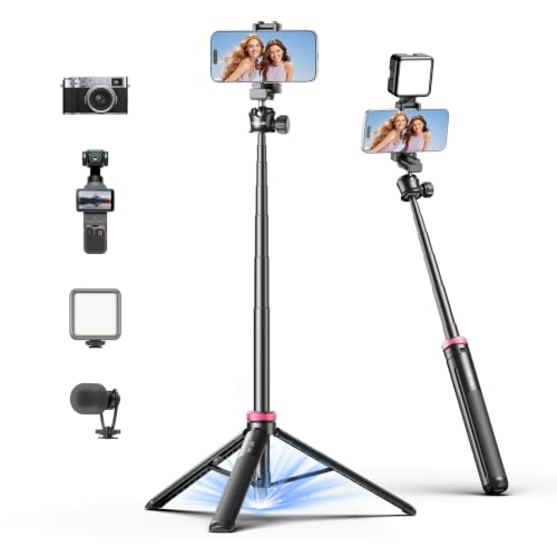 ULANZI MT44 Auto Open Phone Tripod, 59" Extendable Selfie Stick for iPhone | 360° Ball Head, 1s Pop Open , Cold Shoe, Selfie Stick Tripod w 1/4" Screw for Vlog Recording for iPhone 17 Luna Pocket 4 - color: MT44 Auto Open Black