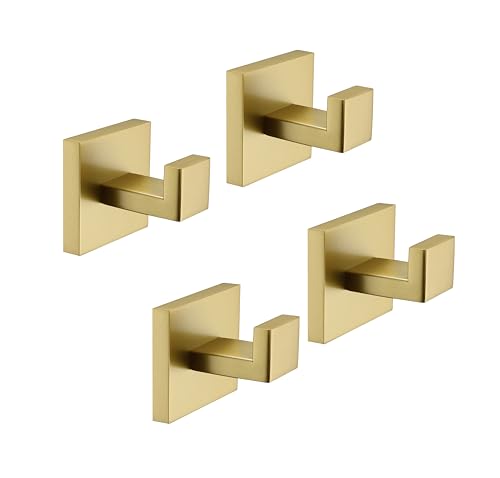 TASTOS Bath Towel Hooks Brushed Gold, 4 Pack Stainless Steel Robe Coat and Clothes Hook, Heavy Duty Wall Hook for Bathroom & Kitchen, Modern Square Style Wall Mounted… - color: Brushed Gold, size: Square (4 Pack)