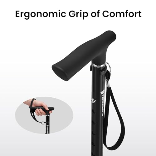 FORCEMECH GlowGuard Foldable Walking Cane for Men & Women, Adjustable Heavy Duty Cane with Glow Tip & Extra-Wide Tip - color: Gloss Black