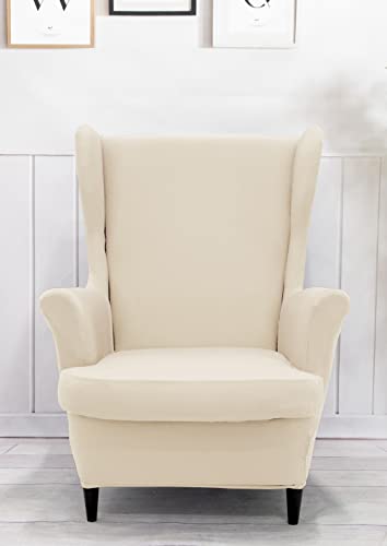 NILUOH Wingback Chair Cover 2-Piece Soft Stretch Wing Chair Slipcover Solid Color Armchair Sofa Couch Cover Furniture Protector with Elastic Bottom for Living Room Bedroom (Off-White) - color: Off-white
