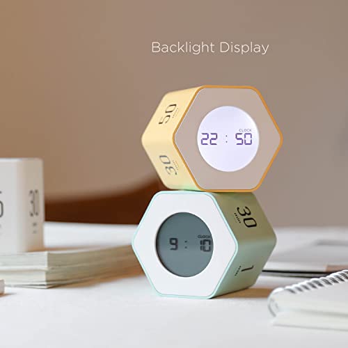 mooas Multi-Hexagon Clock Cube Timer, Digital Clock Time Timer, Pomodoro Timers, Backlit Display 12/24H Mode Count up & Countdown, Rotating Various time presets ideal for Classroom Gym Kitchen (White) - color: White, Mint, Yellow