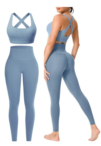 Workout Sets for Women 2 Piece Seamless High-Waisted Leggings & Cross Back Padded Sports Bra for Yoga Pilates - color: Greyblue, size: XX-Large