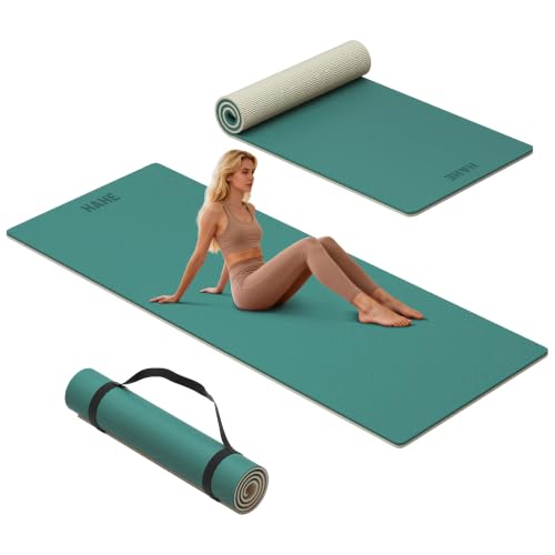 HAHE Wide Yoga Mat 72"x32"x0.4" Thick Pilates Mat with Carrying Strap | Exercise Mats for Home Workout, Wide Non-slip Exercise Mats, Double-Sided POE Fitness Mat for Yoga, Pilates & Travel - color: Cyan+Milk Coffee