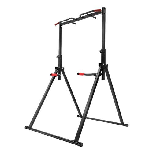Foldable Pull Up Bar Stand, 440Lbs Free Standing Power Tower with Adjustable Height & Stable Triangular Structure Pull Up Dip Station Gym Strength Training Equipment for Living Room Bedroom Gym Etc