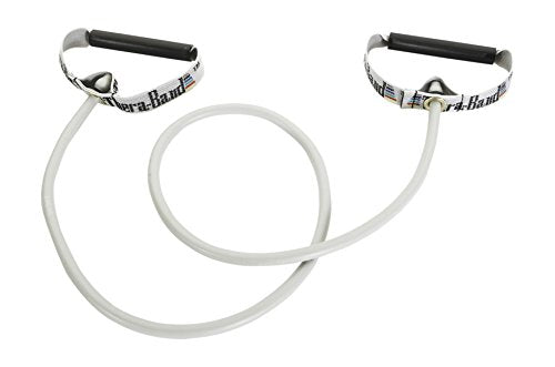 THERABAND Resistance Tubing with Handles, Silver, Super Heavy Level, 50" Latex Stretch Resistance Bands for Exercise, Professional Workout Bands for Upper & Lower Body, Color-Coded Levels - color: Silver - Super Heavy