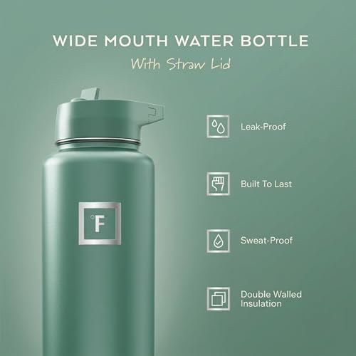 IRON °FLASK 40 oz Wide Mouth Water Bottle with Straw | Insulated Stainless Steel Sports Water Bottle with Leakproof Straw Lid - BPA Free, Cold 24 Hrs, Sweat Free (Sage) - color: Sage, style: Straw - 40 Oz (1 Lid)