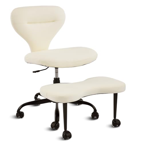 YFO Ergonomic Cross Legged Office Chair and ADHD Meditation Chair with Silent Wheels for Home Office Desk Chair and Yoga, Wider Backrest Support and Storage Pockets Design, PU Leather, Cream - color: Pu-cream