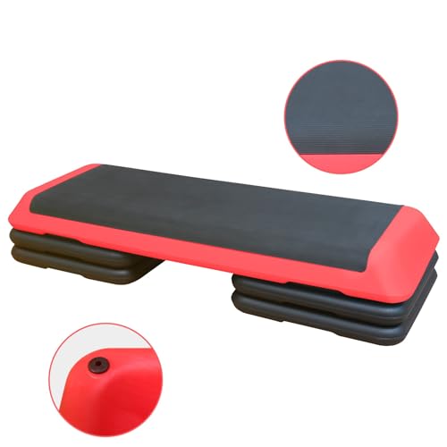Adjustable Height Aerobic Step Platform with 4 Risers, Lightweight 11lbs Exercise Step Platform & Fitness Step with Non-Slip Surface for Workouts, Home, Gym and Fitness - color: Black+Red