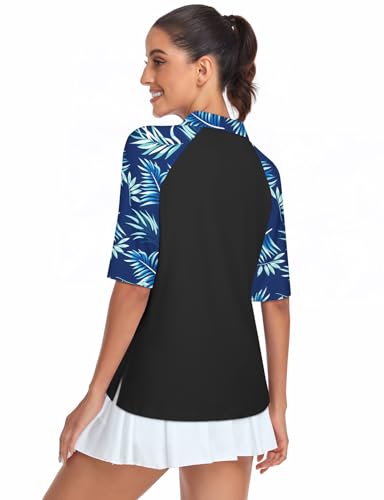 Cucuchy Womens Golf Shirt Half Sleeve Quarter Zip Polo Tennis Shirts Workout Tops - color: B-dark Blue Leaf, size: XX-Large