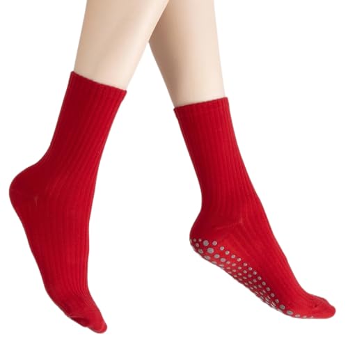 Verdancy Yoga Pilates Socks with Grips for Women Striped Cushioned Non Slip Crew Socks for Barre Ballet Dance - color: Red