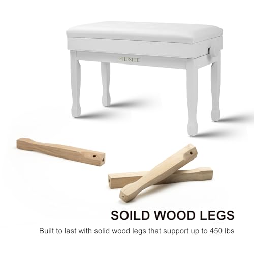 Adjustable Height Piano Bench with Storage, Solid Wood Duet Keyboard Stool, Waterproof Padded Seat Cushion, Multi-Use Bench for Piano, Vanity, Living Room, Bedroom XJ750-4(White) - color: White